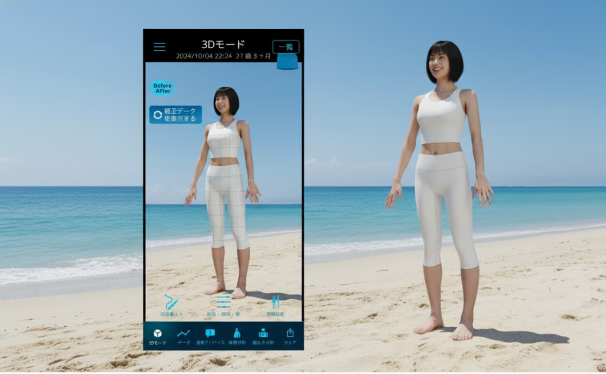 赤外線および深度センサーカメラで身長等の体型情報をデータ化。誤差は±1mm(周囲で3.1mm以内)という精密さで、正確に計測します。